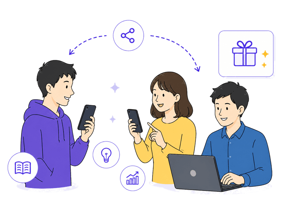 manabiを友人やフォロワーに紹介して学びを届けるイラスト