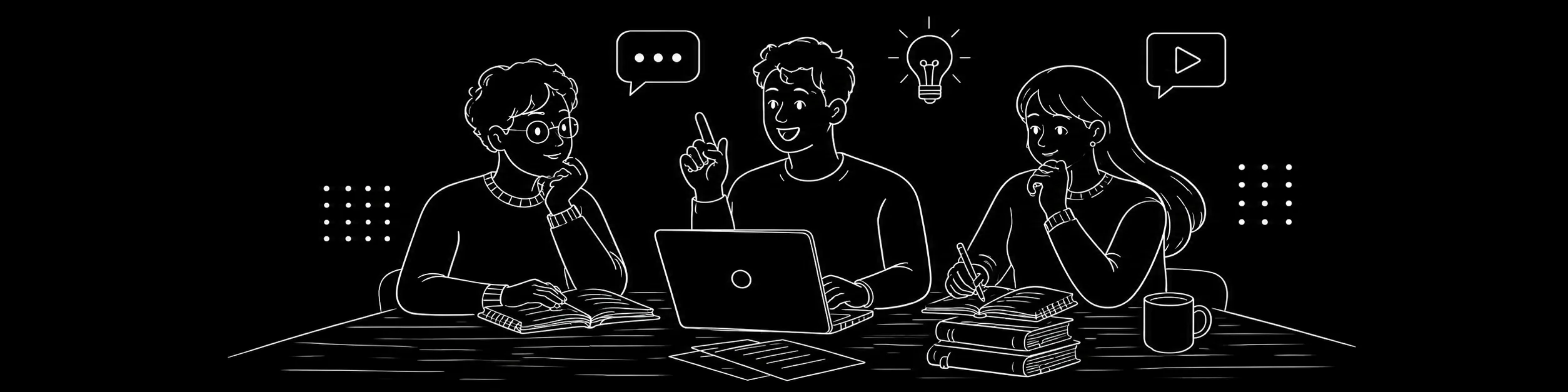 3人の学習者がノートパソコンを囲んで議論しているイラスト